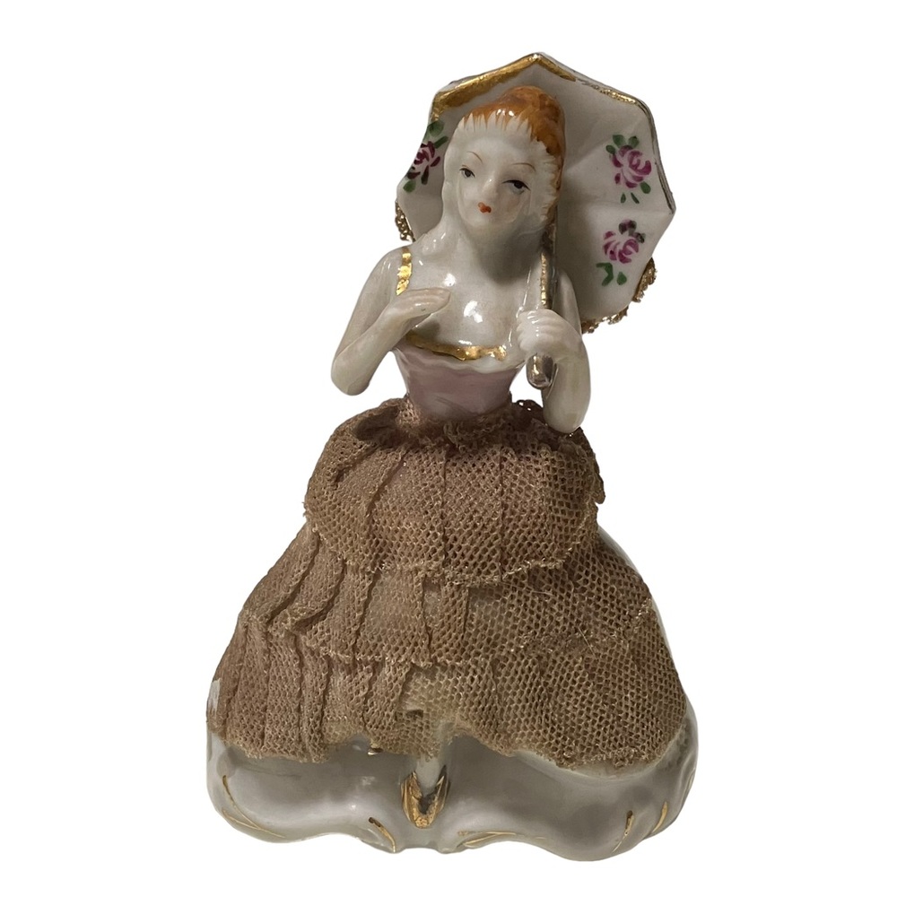 Vintage Japan Dresden Porcelain Victorian Lady Figurine Lace Dress & Parasol
